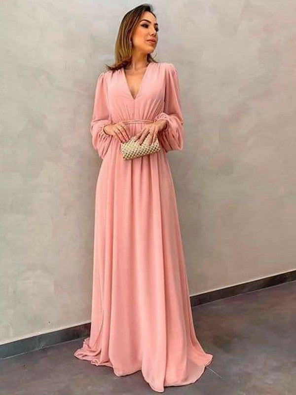 Dixie A-Line/Princess Chiffon Ruffles V-neck Long Sleeves Sweep/Brush Train Mother of the Bride Dresses HPP0020407