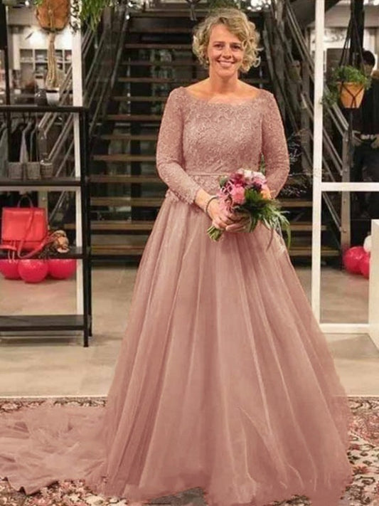 Juliette A-Line/Princess Tulle Applique Scoop Long Sleeves Court Train Mother of the Bride Dresses HPP0020413