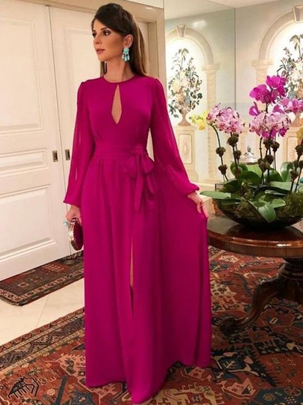 Isabella A-Line/Princess Chiffon Ruched Scoop Long Sleeves Floor-Length Mother of the Bride Dresses HPP0020417