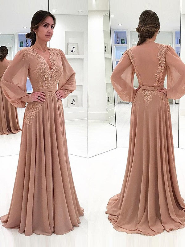 Violet A-Line/Princess Chiffon Lace V-neck Long Sleeves Sweep/Brush Train Mother of the Bride Dresses HPP0020421