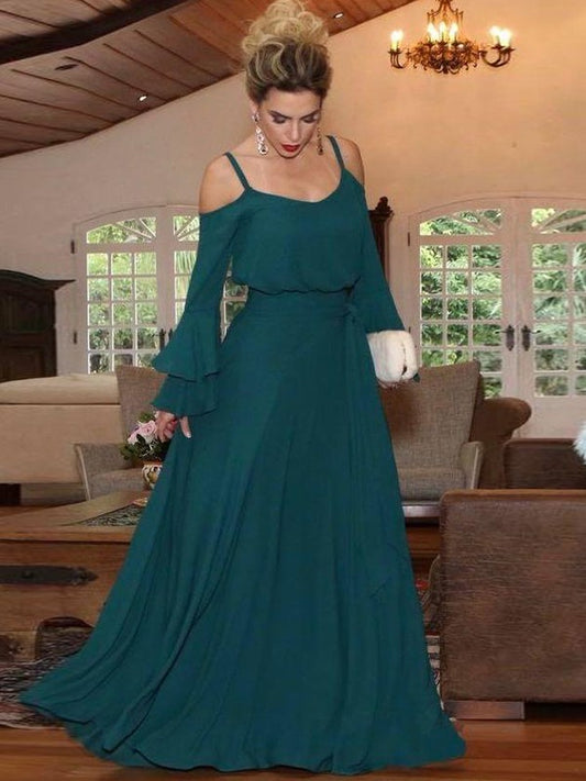 Emilia A-Line/Princess Chiffon Ruffles Square Long Sleeves Floor-Length Mother of the Bride Dresses HPP0020433