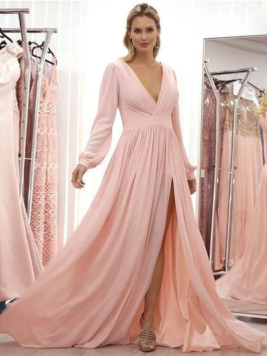 Abbie A-Line/Princess Chiffon Ruffles V-neck Long Sleeves Sweep/Brush Train Mother of the Bride Dresses HPP0020429