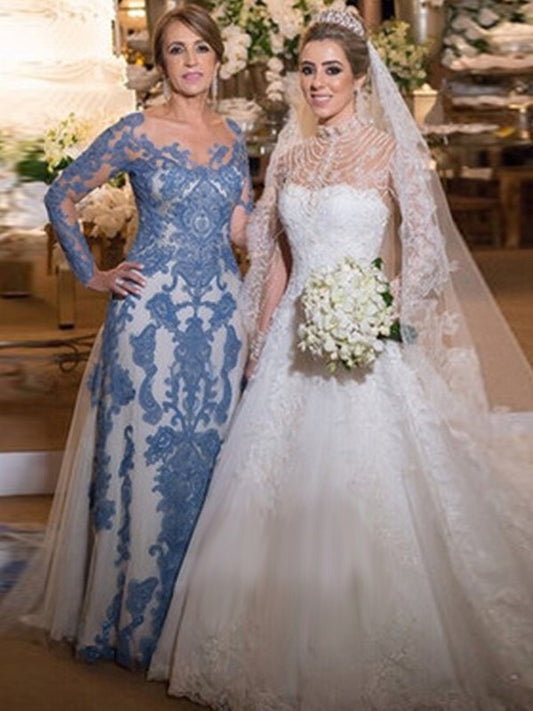 Kyleigh Sheath/Column Tulle Lace Scoop Long Sleeves Sweep/Brush Train Mother of the Bride Dresses HPP0020371