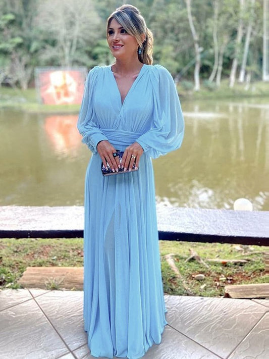 Mira A-Line/Princess Chiffon Ruffles V-neck Long Sleeves Floor-Length Mother of the Bride Dresses HPP0020376