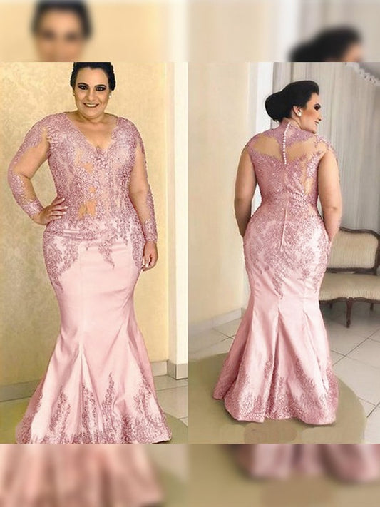 Quinn Trumpet/Mermaid Satin Applique V-neck Long Sleeves Floor-Length Mother of the Bride Dresses HPP0020445