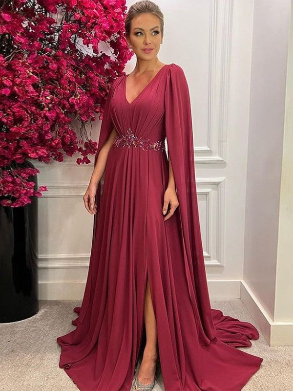 Elizabeth A-Line/Princess Chiffon Ruched V-neck Long Sleeves Court Train Mother of the Bride Dresses HPP0020287