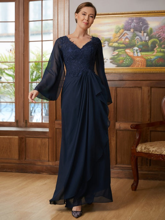 Bella A-Line/Princess Chiffon Applique V-neck Long Sleeves Floor-Length Mother of the Bride Dresses HPP0020335