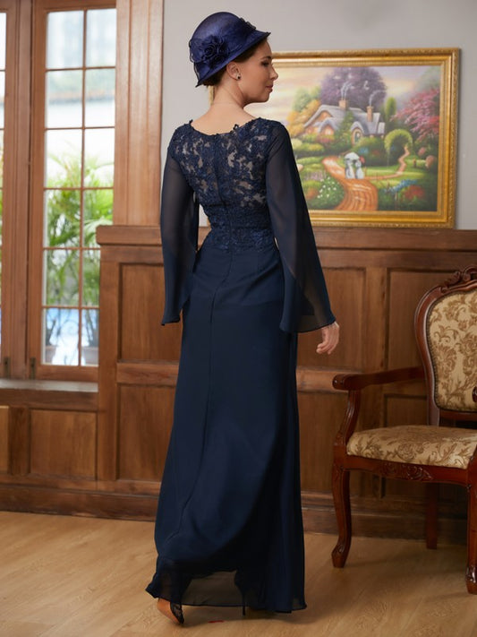 Bella A-Line/Princess Chiffon Applique V-neck Long Sleeves Floor-Length Mother of the Bride Dresses HPP0020335