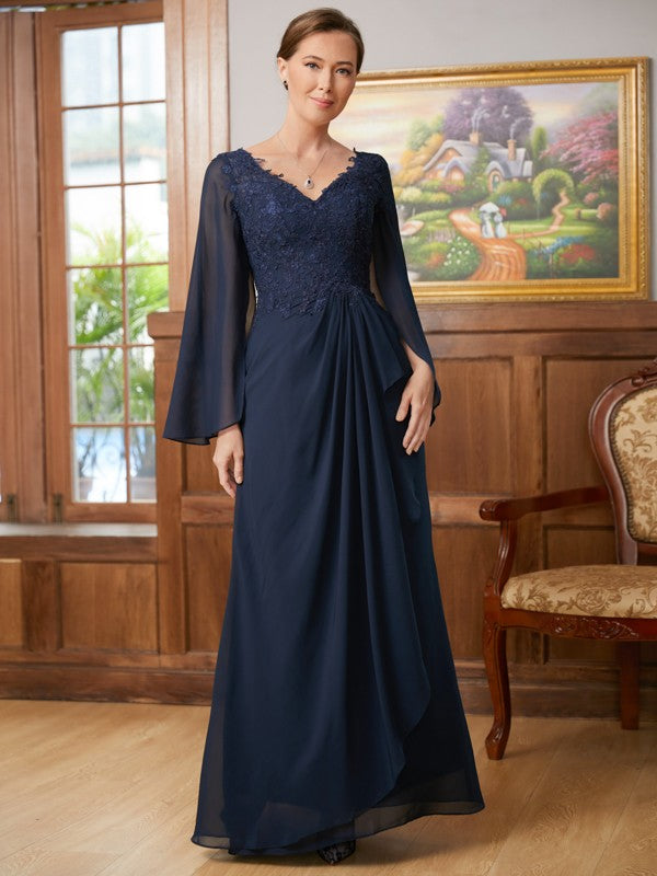 Bella A-Line/Princess Chiffon Applique V-neck Long Sleeves Floor-Length Mother of the Bride Dresses HPP0020335