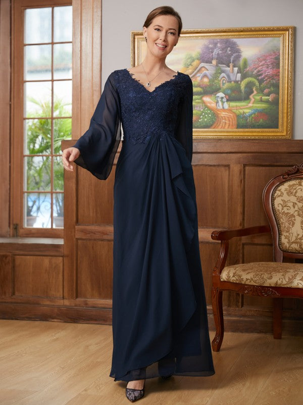 Bella A-Line/Princess Chiffon Applique V-neck Long Sleeves Floor-Length Mother of the Bride Dresses HPP0020335