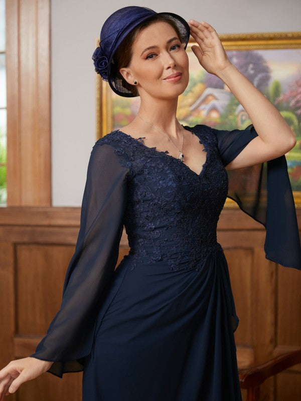 Bella A-Line/Princess Chiffon Applique V-neck Long Sleeves Floor-Length Mother of the Bride Dresses HPP0020335