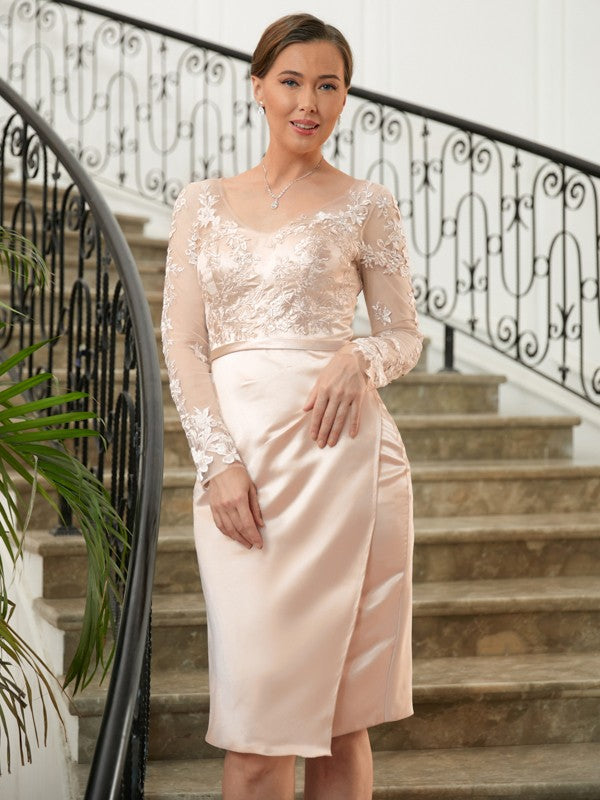 Jaida Sheath/Column Satin Lace V-neck Long Sleeves Knee-Length Mother of the Bride Dresses HPP0020359