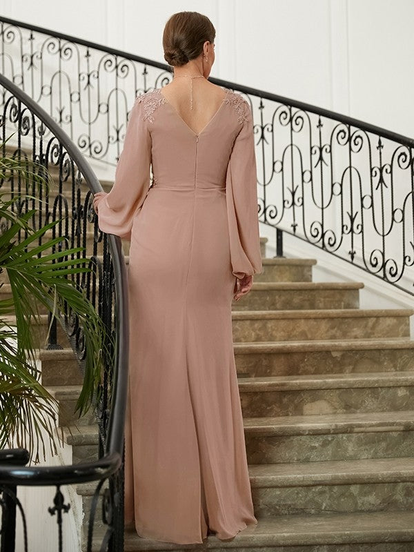 Isabelle A-Line/Princess Chiffon Applique V-neck Long Sleeves Floor-Length Mother of the Bride Dresses HPP0020313