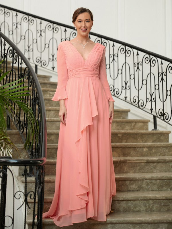 Lexi A-Line/Princess Chiffon Ruched V-neck Long Sleeves Sweep/Brush Train Mother of the Bride Dresses HPP0020305