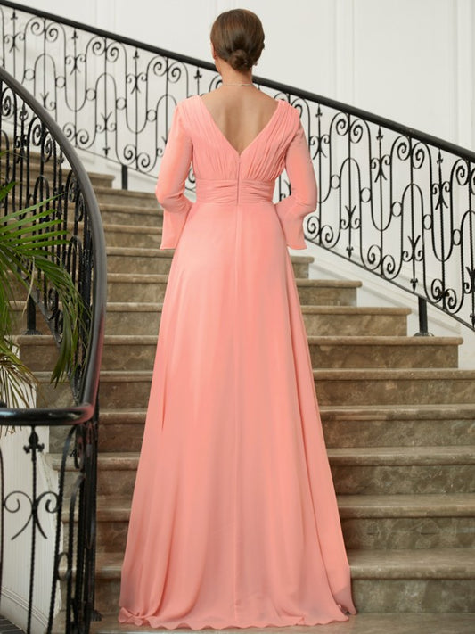 Lexi A-Line/Princess Chiffon Ruched V-neck Long Sleeves Sweep/Brush Train Mother of the Bride Dresses HPP0020305