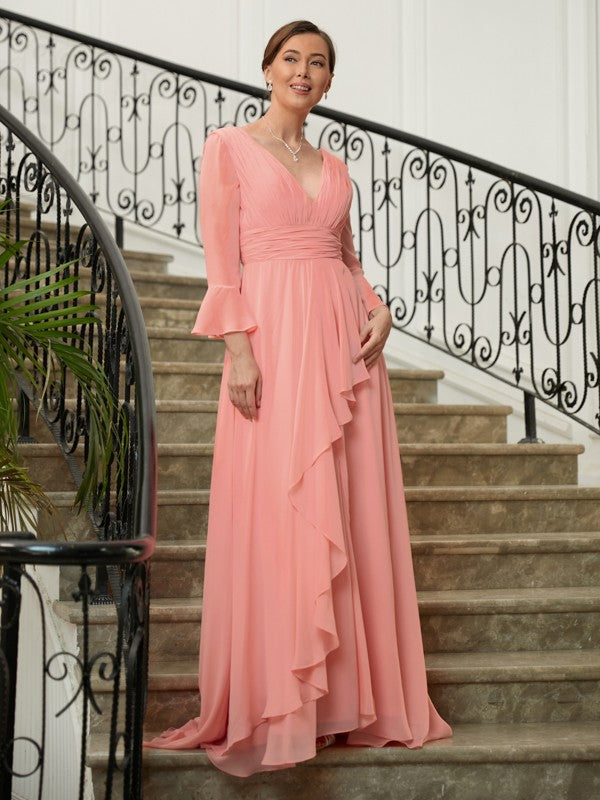 Lexi A-Line/Princess Chiffon Ruched V-neck Long Sleeves Sweep/Brush Train Mother of the Bride Dresses HPP0020305