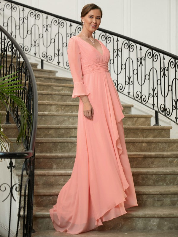 Lexi A-Line/Princess Chiffon Ruched V-neck Long Sleeves Sweep/Brush Train Mother of the Bride Dresses HPP0020305