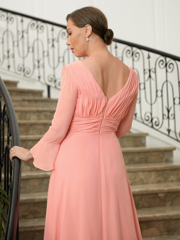 Lexi A-Line/Princess Chiffon Ruched V-neck Long Sleeves Sweep/Brush Train Mother of the Bride Dresses HPP0020305