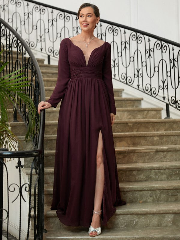 Violet A-Line/Princess Chiffon Ruched V-neck Long Sleeves Floor-Length Mother of the Bride Dresses HPP0020345