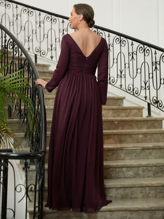 Violet A-Line/Princess Chiffon Ruched V-neck Long Sleeves Floor-Length Mother of the Bride Dresses HPP0020345