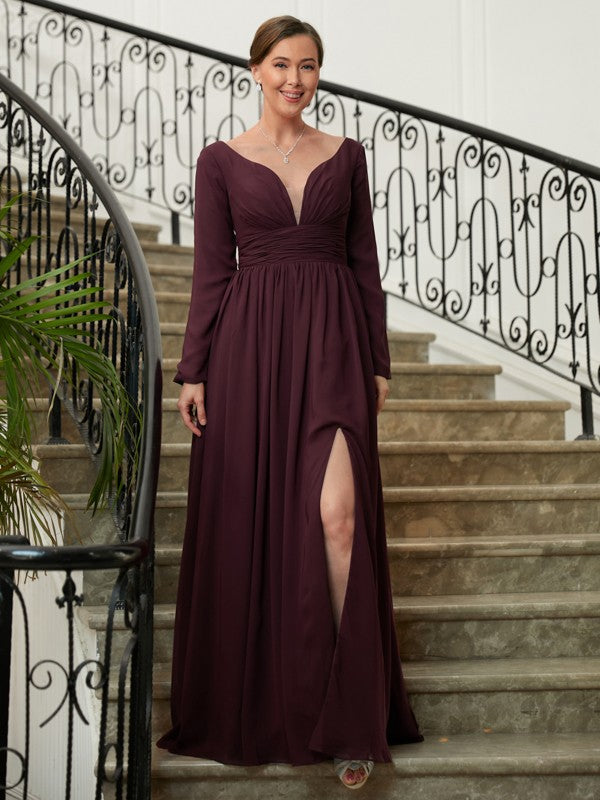 Violet A-Line/Princess Chiffon Ruched V-neck Long Sleeves Floor-Length Mother of the Bride Dresses HPP0020345