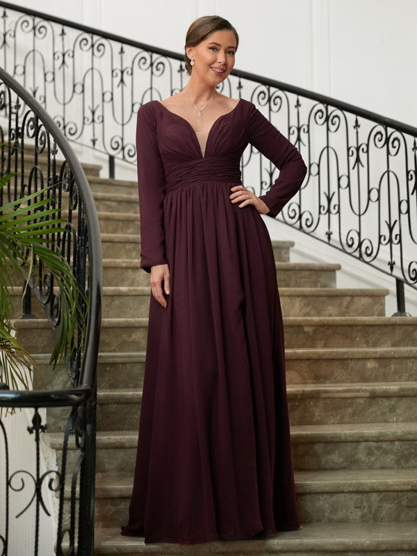 Violet A-Line/Princess Chiffon Ruched V-neck Long Sleeves Floor-Length Mother of the Bride Dresses HPP0020345