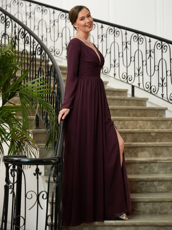 Violet A-Line/Princess Chiffon Ruched V-neck Long Sleeves Floor-Length Mother of the Bride Dresses HPP0020345