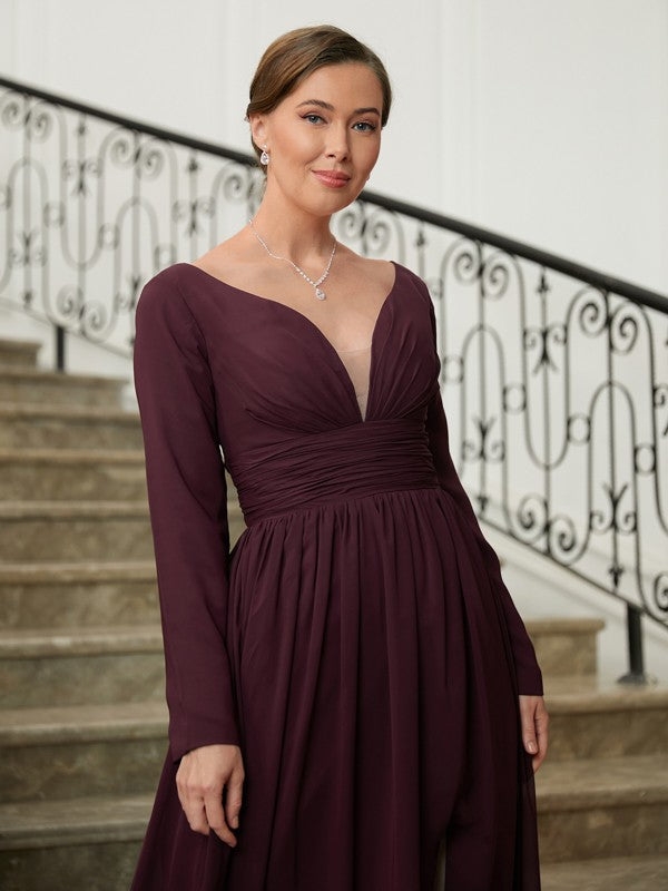 Violet A-Line/Princess Chiffon Ruched V-neck Long Sleeves Floor-Length Mother of the Bride Dresses HPP0020345