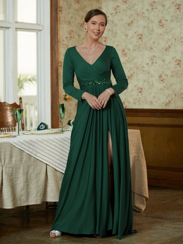 Arely A-Line/Princess Jersey Beading V-neck Long Sleeves Sweep/Brush Train Mother of the Bride Dresses HPP0020357