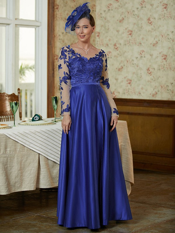 Julia A-Line/Princess Satin Applique V-neck Long Sleeves Floor-Length Mother of the Bride Dresses HPP0020358