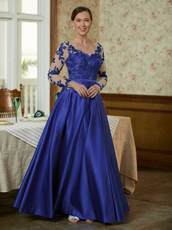 Julia A-Line/Princess Satin Applique V-neck Long Sleeves Floor-Length Mother of the Bride Dresses HPP0020358