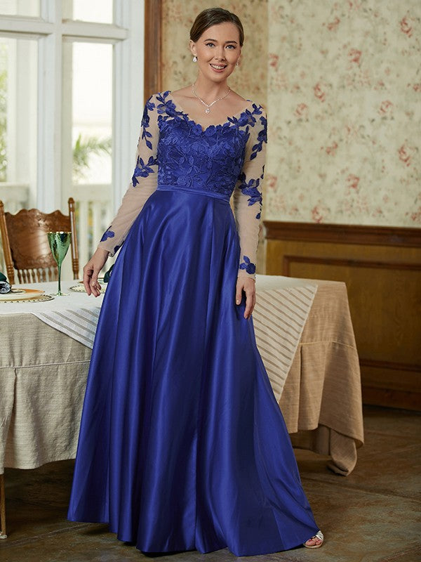 Julia A-Line/Princess Satin Applique V-neck Long Sleeves Floor-Length Mother of the Bride Dresses HPP0020358