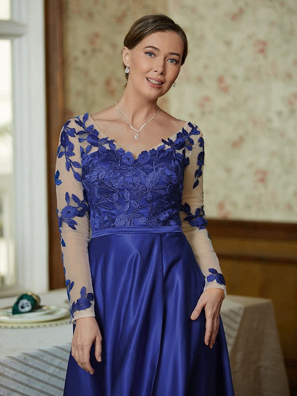 Julia A-Line/Princess Satin Applique V-neck Long Sleeves Floor-Length Mother of the Bride Dresses HPP0020358