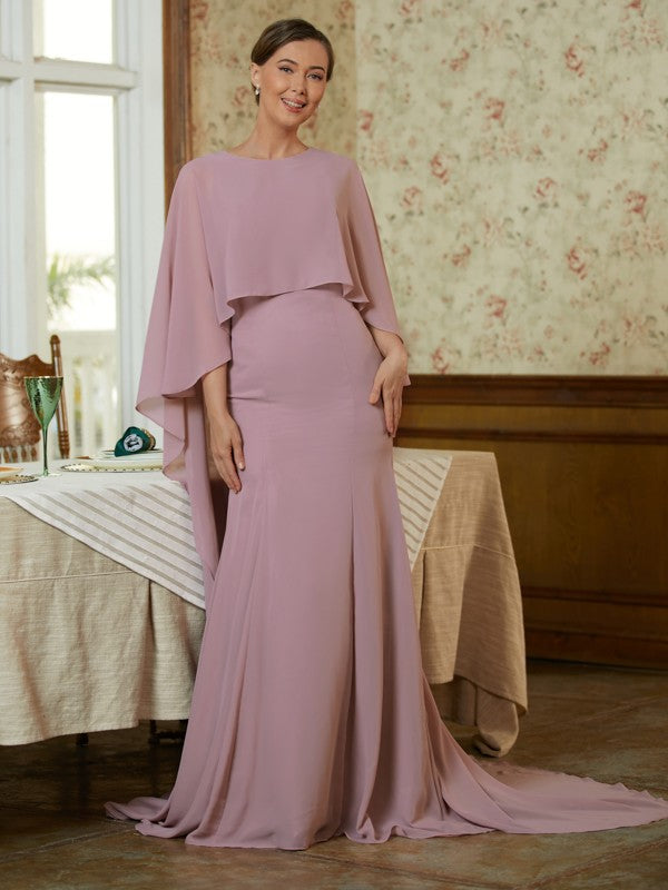 Hadassah Sheath/Column Chiffon Ruffles Scoop Long Sleeves Sweep/Brush Train Mother of the Bride Dresses HPP0020360