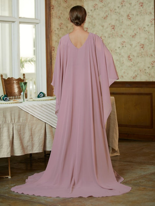 Hadassah Sheath/Column Chiffon Ruffles Scoop Long Sleeves Sweep/Brush Train Mother of the Bride Dresses HPP0020360