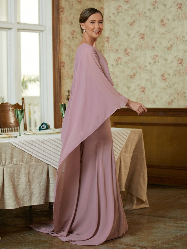 Hadassah Sheath/Column Chiffon Ruffles Scoop Long Sleeves Sweep/Brush Train Mother of the Bride Dresses HPP0020360