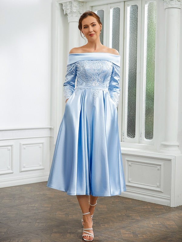 Rosalyn A-Line/Princess Elastic Woven Satin Ruched Off-the-Shoulder Long Sleeves Tea-Length Mother of the Bride Dresses HPP0020269