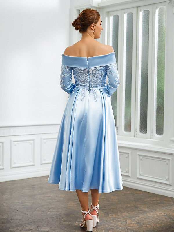 Rosalyn A-Line/Princess Elastic Woven Satin Ruched Off-the-Shoulder Long Sleeves Tea-Length Mother of the Bride Dresses HPP0020269