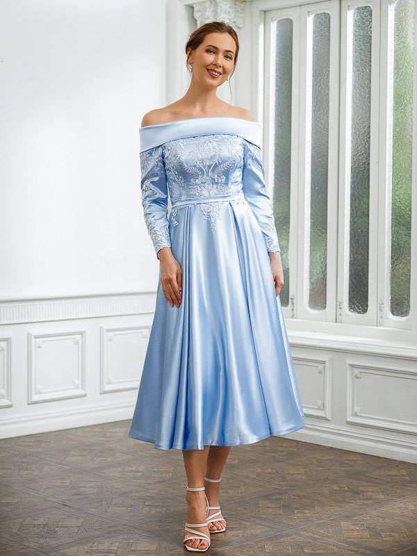 Rosalyn A-Line/Princess Elastic Woven Satin Ruched Off-the-Shoulder Long Sleeves Tea-Length Mother of the Bride Dresses HPP0020269