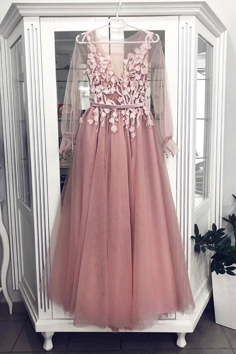 Sheer Neckline Long Sleeves Tulle Appliques Long Prom Dresses