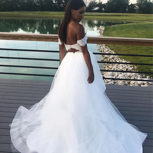 A-line Tulle White Long Prom Dresses, Off-Shoulder Wedding Dresses