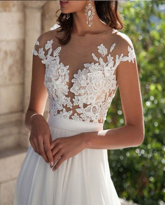 Romantic Cap Sleeves Lace Bodice Split Side Chiffon Wedding Dresses