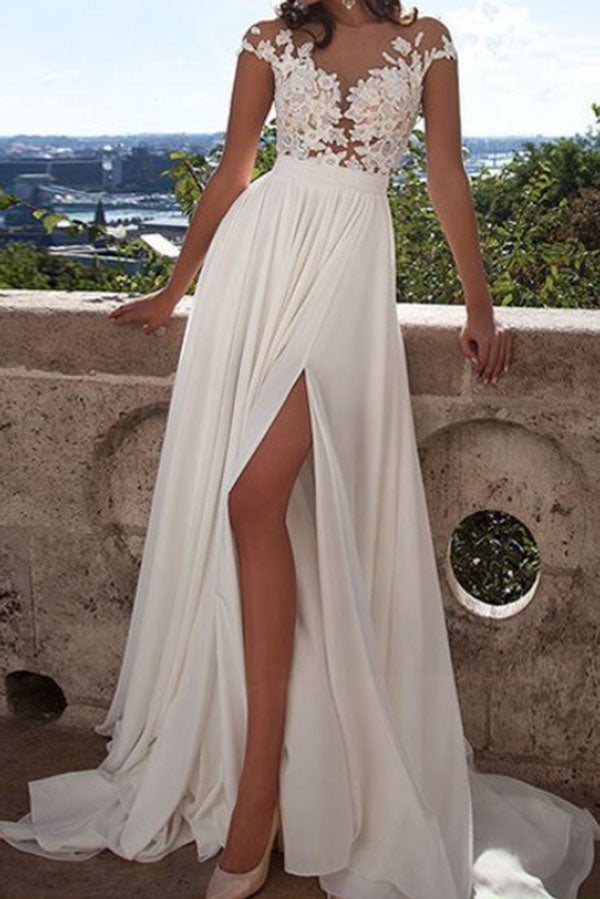 Romantic Cap Sleeves Lace Bodice Split Side Chiffon Wedding Dresses