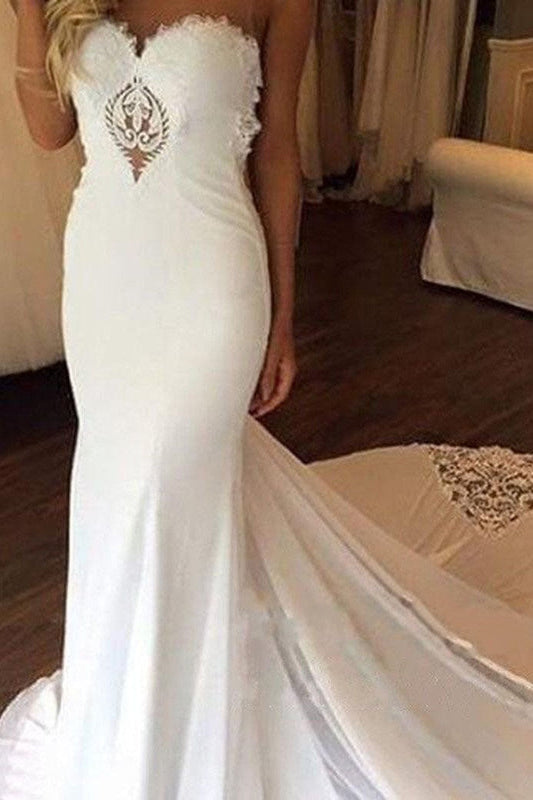 Simple Mermaid Yarn Sleeveless Wedding Dresses Chapel Train