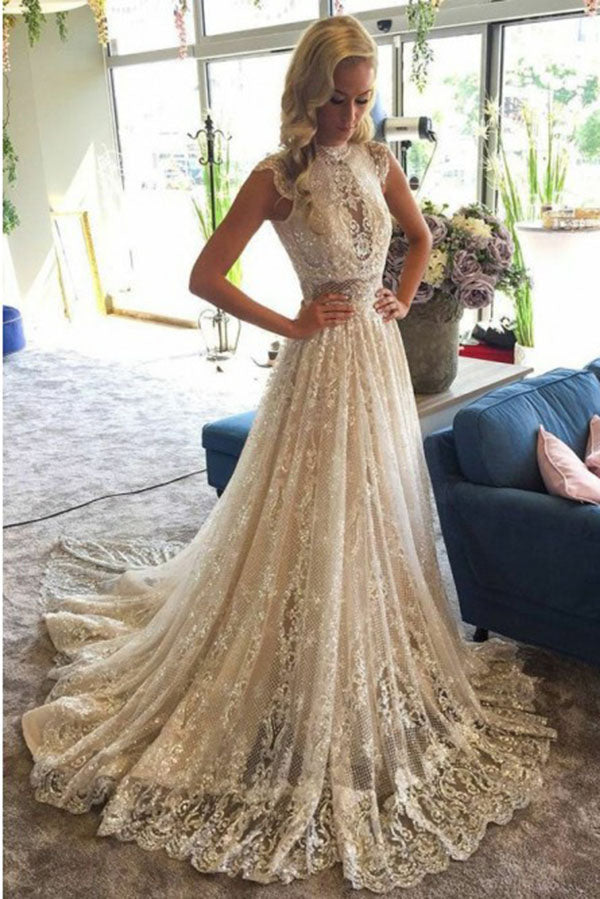 Stunning Appliques High Neck Lace Wedding Dresses with Sequins