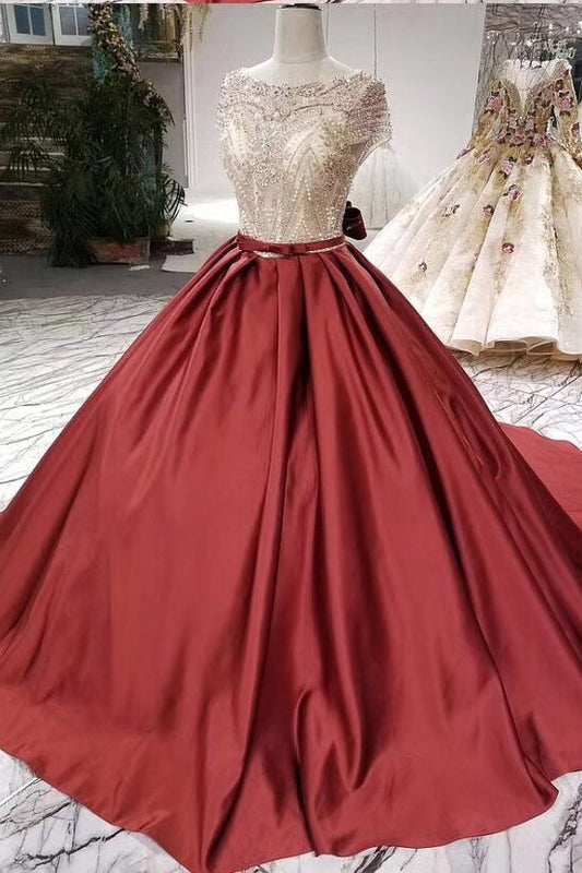 Red Ball Gown Satin Beading Bodice Prom Dresses, Quinceanera Dresses with Short Sleeves