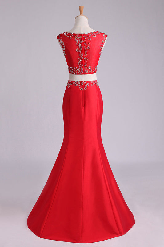 2024 Prom Dresses Two Pieces Bateau Mermaid/Trumpet Beaded Floor-Length Tulle And Taffeta