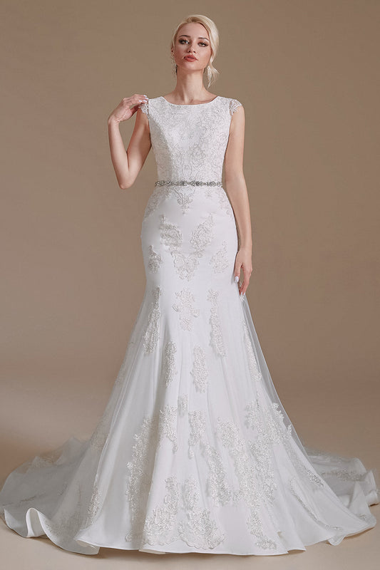 Mermaid Appliques Tulle Chapel Train Wedding Dresses With Belt