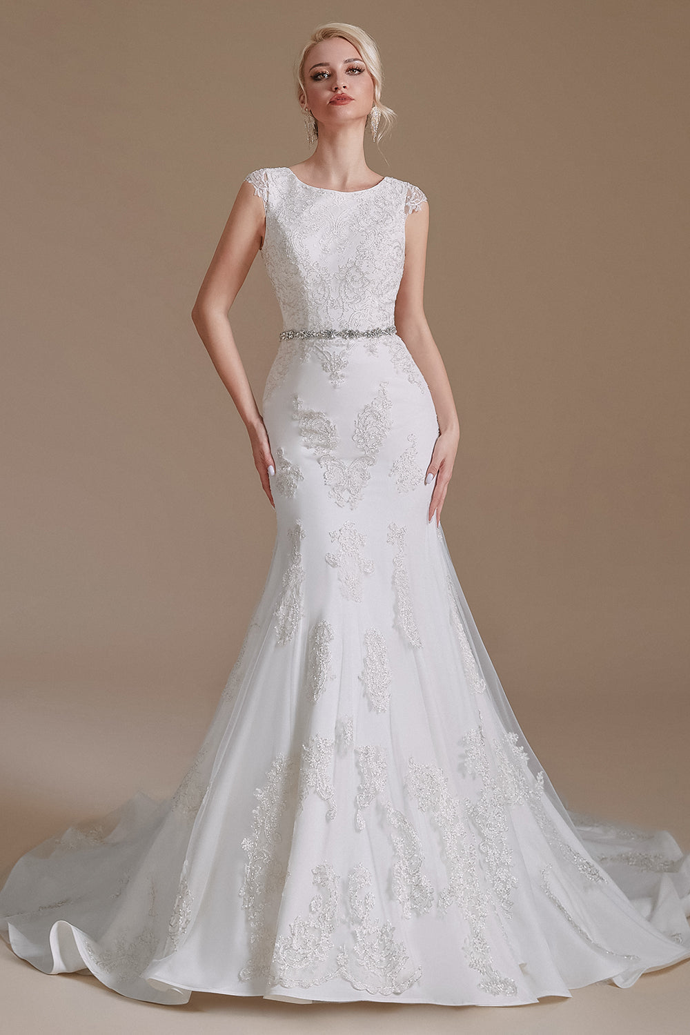 Mermaid Appliques Tulle Chapel Train Wedding Dresses With Belt