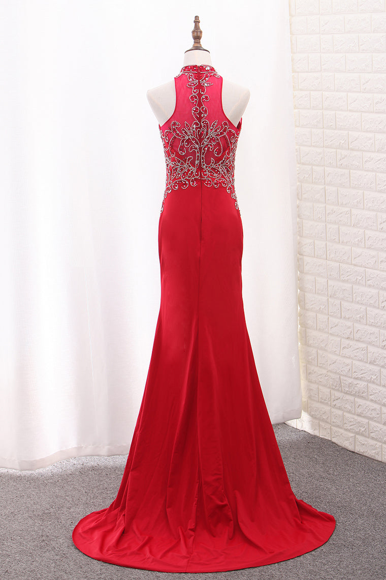 2024 Mermaid Spandex High Neck Prom Dresses With Beading Sweep Train